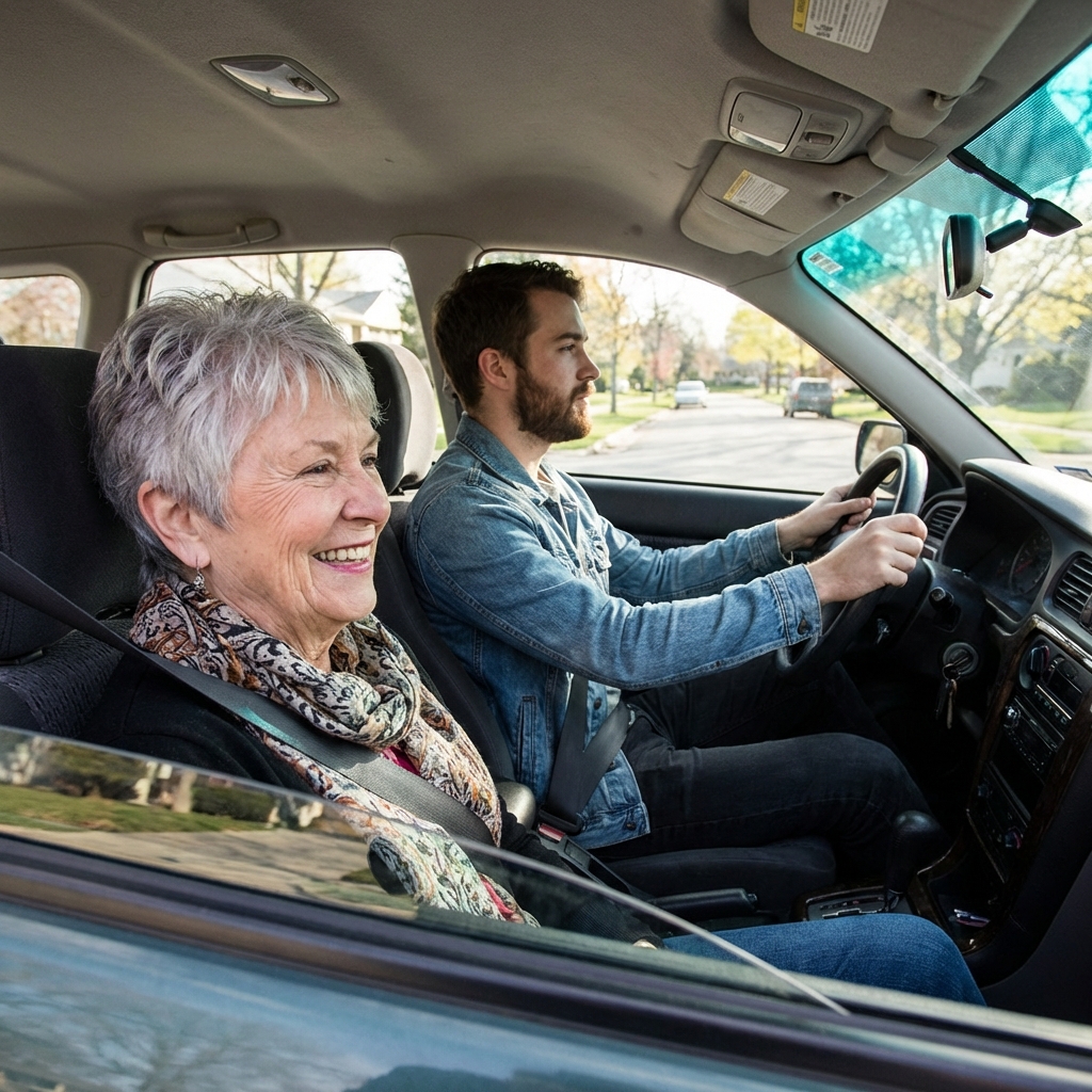 man driving in a car with an older family member with reduced mobility