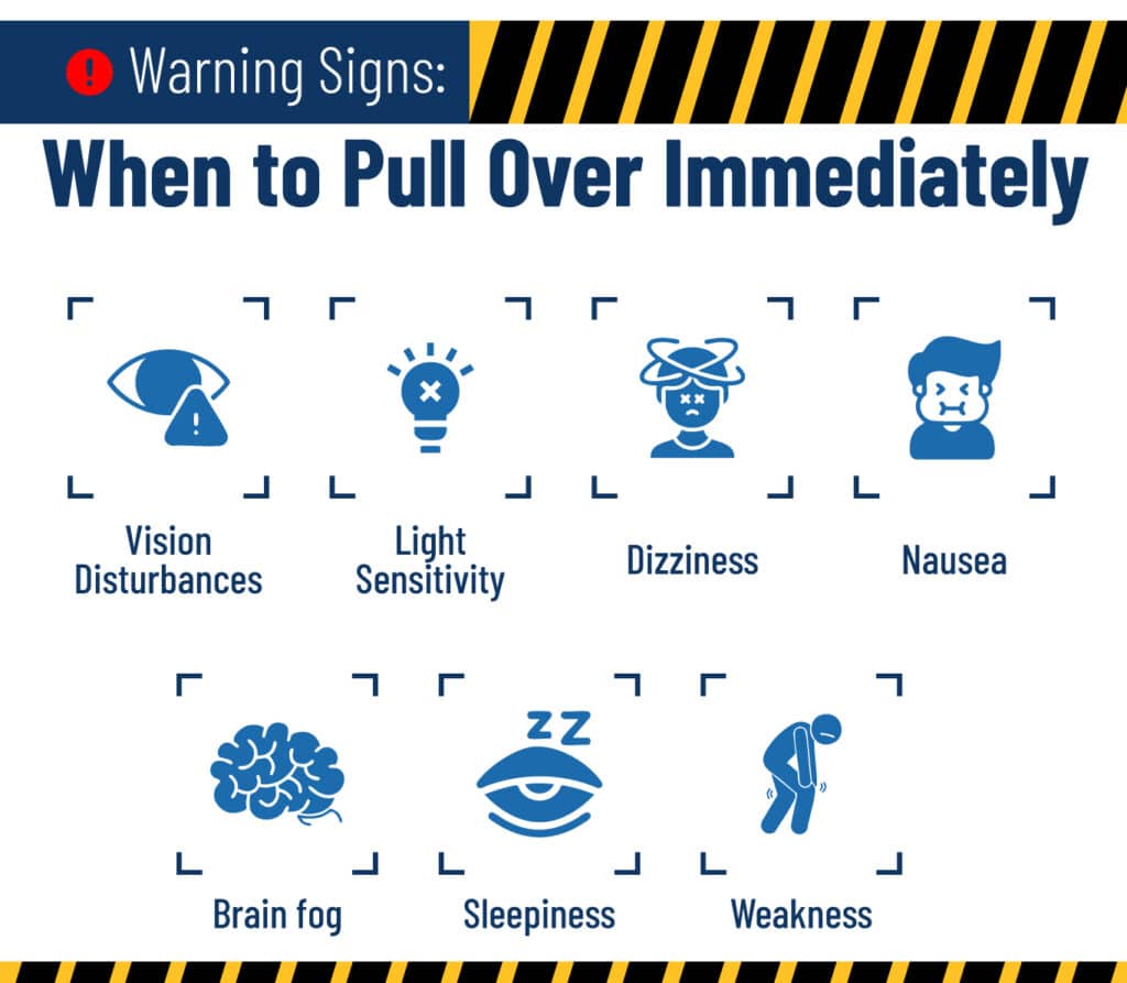 Infographic showing Warning Signs to Pull Over Immediately: Migraines and Driving